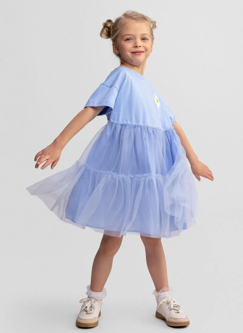 MINOTI Girls jersey dress blue layered tulle crochet flower